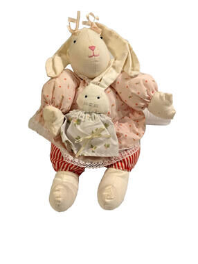 Vtg Handmade Cotton Plush Stuffed Doll Rabbit: mom/baby in Dress